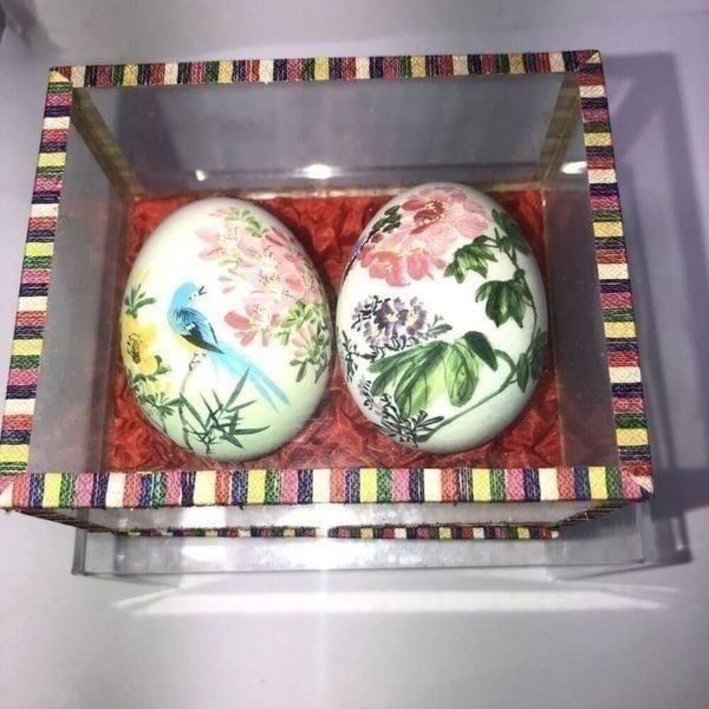 Asian egg Hand Painted 2pc in glass Display Case Box Blue Birds, Flowers